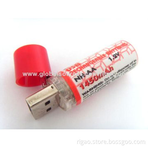 Newest red style 1.2V 1,450mAh AA model USB battery for traveling and camping